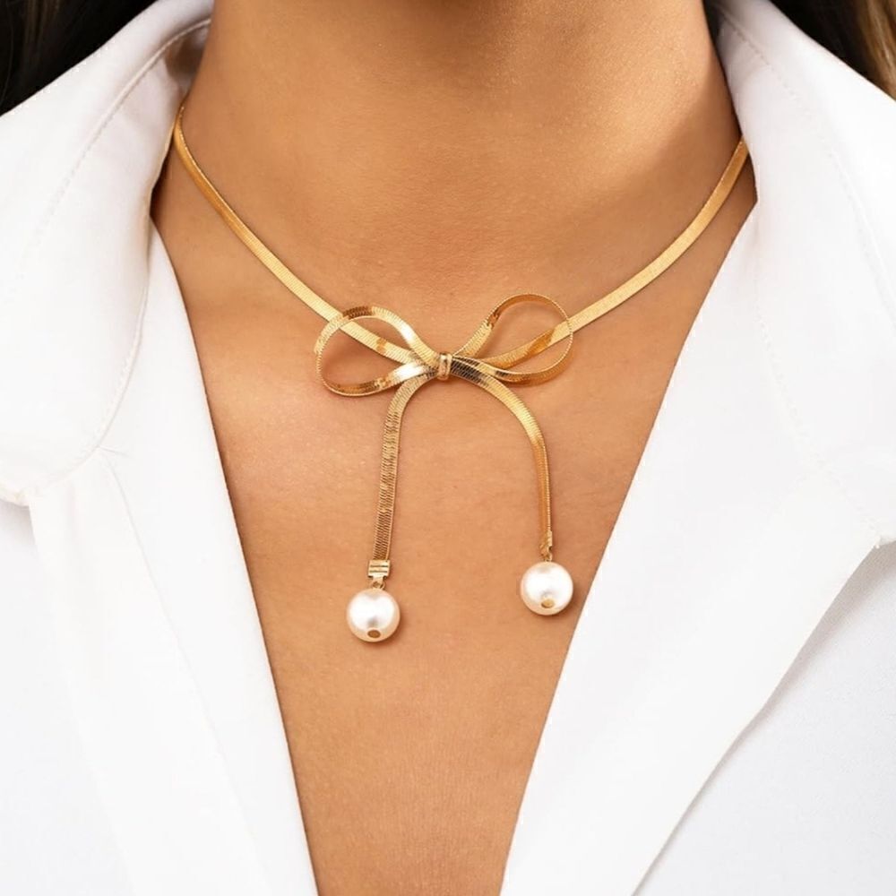 Bohemian Bow Choker Pearl Pendant Necklace on Gold or Silver Plated Tone